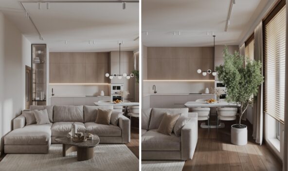 Дизайн однокомнатной квартиры с натуральными и тёплыми оттенками